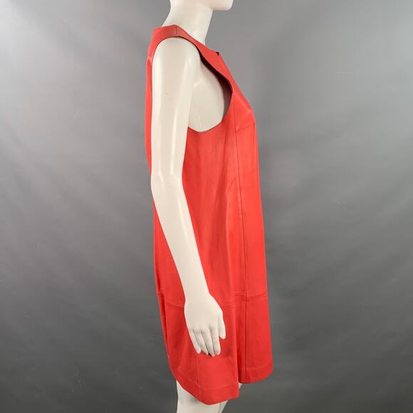 BALENCIAGA Size 8 Red Coral Lambskin Leather Sleeveless Shift Dress - Picture 2 of 10